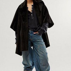 Free People Starlett Faux Fur Black Open Blazer Poncho OS